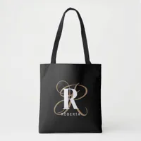 Monogram Black Gold Script Name Stylish Tote Bag