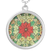 Vintage Christmas Poinsettia Silver Plated Necklace