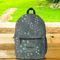 Stylized Green Leaves on Gray Name Monogram Printed Backpack