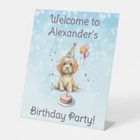 Cute Puppy with Party Hat Birthday Pedestal Sign