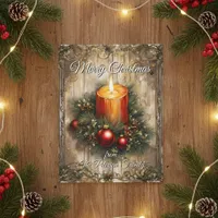 Vintage Rustic Candle Wreath Wood Grain Christmas Holiday Postcard