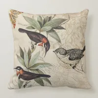 Birds on branch green foliage butterfly drawing throw pillow