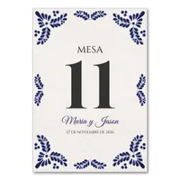 Talavera Blue Floral Minimalist Spanish Wedding Table Number