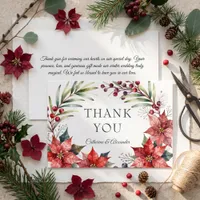 Watercolor Elegant Red Poinsettia Winter Wedding Thank You Card