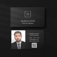 Black white monogram photo Qr code logo Business Card