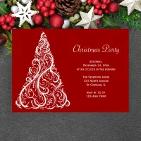 White Christmas Tree on Red Party Invitation