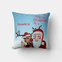 Watercolor Magical Santa Claus Smiling Rudolph Throw Pillow