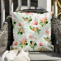 Tropical Paradise Pink Flamingos Floral Outdoor Pillow
