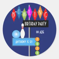 Royal Blue Retro Bowling Birthday Party Classic Round Sticker