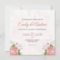 Blush Rose Spring Floral Watercolor Square Wedding Invitation