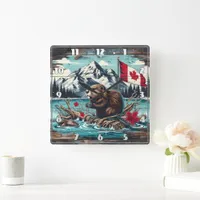 Canadian Beaver by Lake With Mountain Backdrop Square Wall Clock