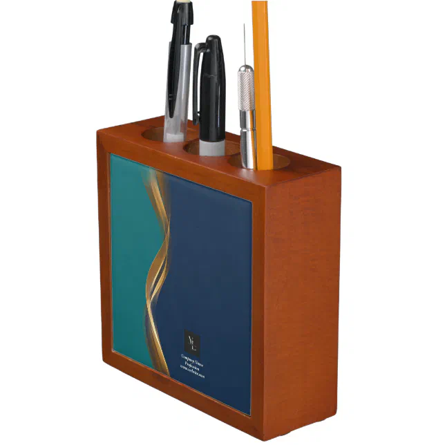 Elegant Gold Wave Blue & Teal with Business Logo Desk Organizer