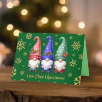 Festive Trio of Christmas Gnomes with Snowflakes Holiday Card