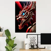 Fire breathing dragon red and gold scales poster