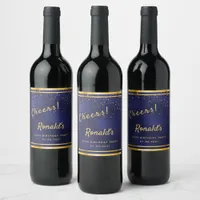 Birthday party dark navy blue gold cheers wine label
