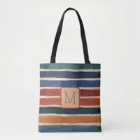 Wide Watercolor Stripes Tan Color Block Monogram Tote Bag