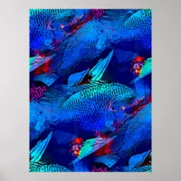 Aquarium Fish Playful Pattern in Aqua Vivid Blue Poster