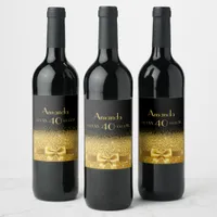 40th birthday black gold bow name wine label