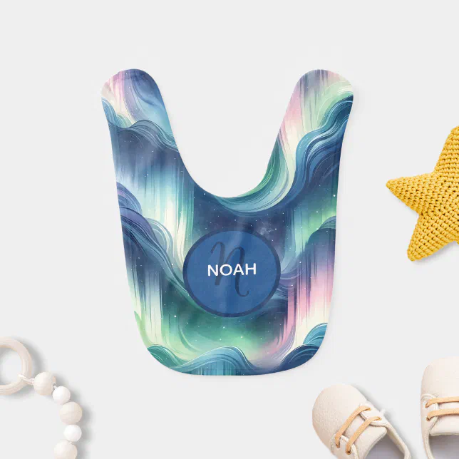 Blue Monogram Northern Lights Celestial Stars Cute Baby Bib