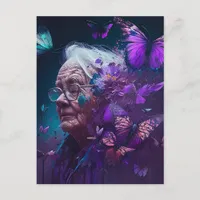 The Elderly Woman With Purple Butterflies Postcard