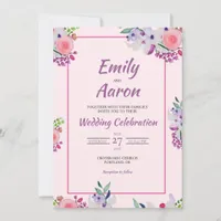 Pink Violet Garden Floral Watercolor Wedding Invitation