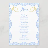 Elegant Lemon and Blue Tiles Mediterranean Wedding Menu