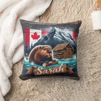 Canadian Beaver in Water With Logs Near Mountains Throw Pillow