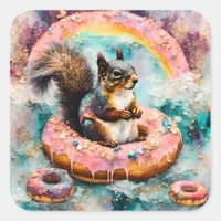 Squirrel on Floating Glazed Donut Funny Sweet Square Sticker