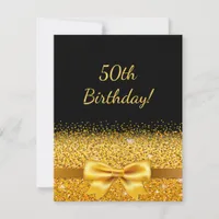 50th birthday party on black with gold bow sparkle invitation