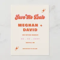 Retro Groovy 70s Cute Ivory Orange Pink Wedding Announcement Postcard