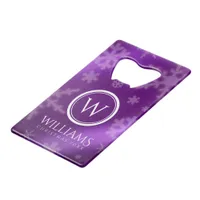 Festive Purple Foil Snowflakes Monogram Name Credit Card Bottle Opener