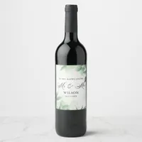 Modern Greenery And Gold Happy Couple Wedding Wine Label