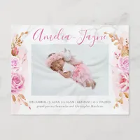 Girly Marble Rose Floral Photo Birth Announcement Postcard