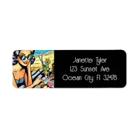 Beautiful Retro Lady at the Beach with Cocktail Label