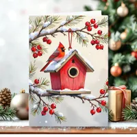 Christmas Cardinal Birdhouse snowy pine branch  Card