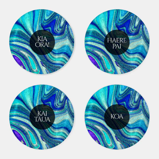 Elegant Aquamarine Paua Rainbow Shell Inspired Coaster Set