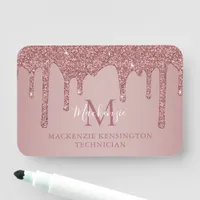 Luxe Rose Gold Glitter Drips Monogram Name Tag