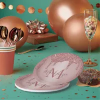 Girly Rose Gold Glitter Drips Monogram Birthday Paper Plates