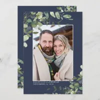 Navy Blue Eucalyptus Wedding Photo Save the Date