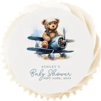 Teddy Bear Airplane Watercolor Boy Baby Shower Edible Frosting Rounds