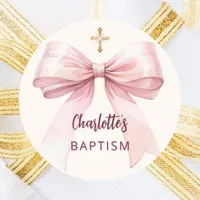 Baptism pink bow girl cross cream peach classic round sticker