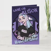 Gamer Girl Cute Teen Cartoon Purple Birthday Card