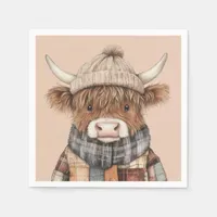 Boho Cute Highland Cow in Hat Cream Napkins