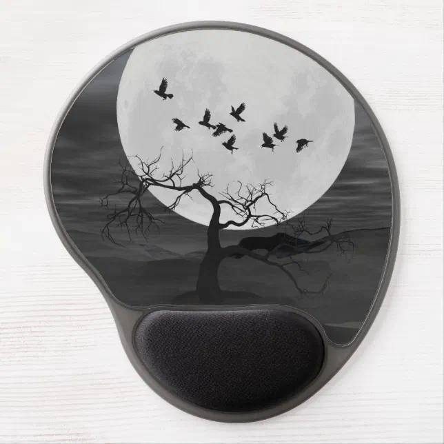 Spooky Ravens Flying Against the Full Moon Gel Mouse Pad