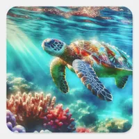 Keeping in Touch  | Sea Turtle Swimming Square Sticker