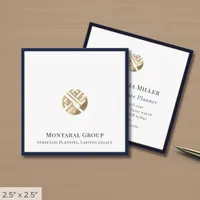 Luxe Navy Blue Border Gold Logo Square Business Card