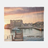 Cyprus Kyrenia Watercolor Sketch with Yacht |  Fleece Blanket