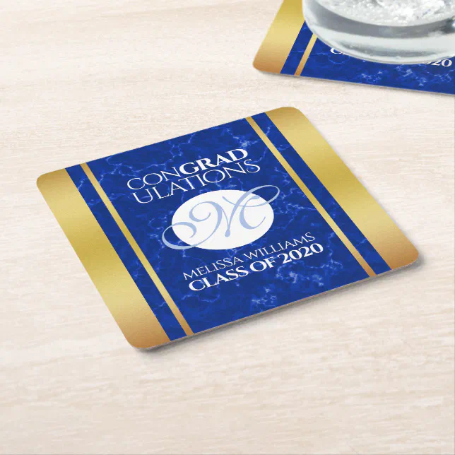 Elegant Graduation Monogram Blue Marble Gold Foil Square Paper Coaster