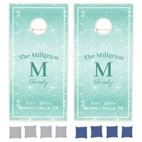 Custom Monogram Aqua Blue Ombre Glitter + White Cornhole Set