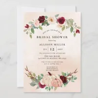 Rustic Peach Burgundy Pumpkins Fall Bridal Shower Invitation